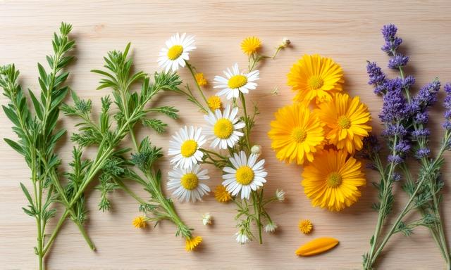Ingredientes botánicos frescos en una mesa de madera